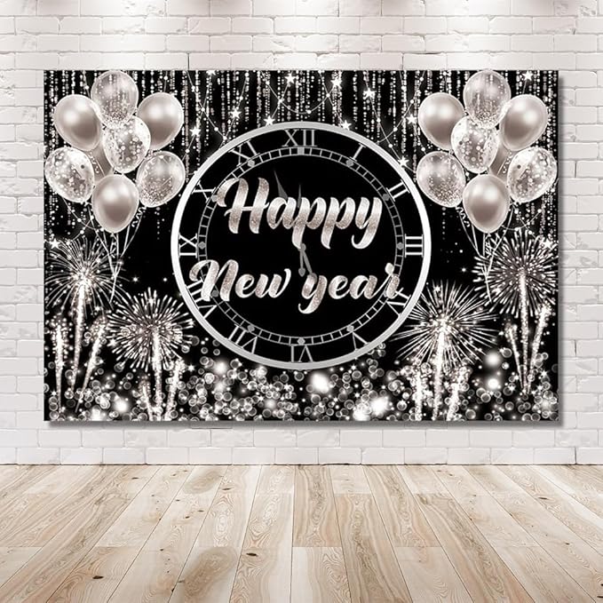 MEHOFOND Happy New Year Backdrop Hello 2024 NYE Cheers Party Decorations Sliver Black Photography Background Kiss Me at Midnight New Year's Eve Festival Party Supplies Photobooth Banner 8x6ft