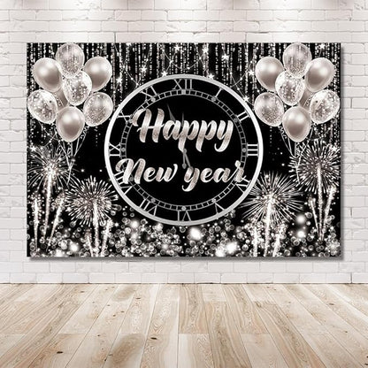 MEHOFOND Happy New Year Backdrop Hello 2024 NYE Cheers Party Decorations Sliver Black Photography Background Kiss Me at Midnight New Year's Eve Festival Party Supplies Photobooth Banner 8x6ft