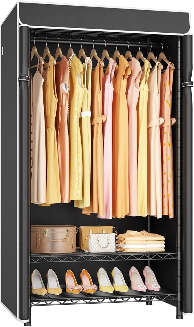 H5C Clothes Rack with Cover, Portable Closet for Hanging Clothes, Covered Clothing Racks Heavy Duty, Freestanding Garment Racks with Shelves Max Load 360LBS Black Closet Rack with Black Cover