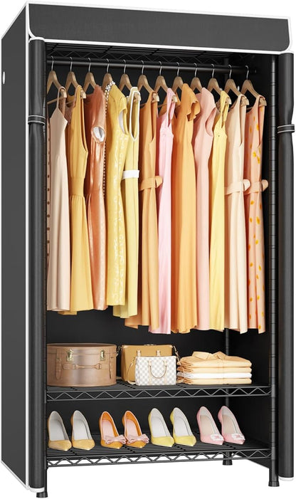 H5C Clothes Rack with Cover, Portable Closet for Hanging Clothes, Covered Clothing Racks Heavy Duty, Freestanding Garment Racks with Shelves Max Load 360LBS Black Closet Rack with Black Cover
