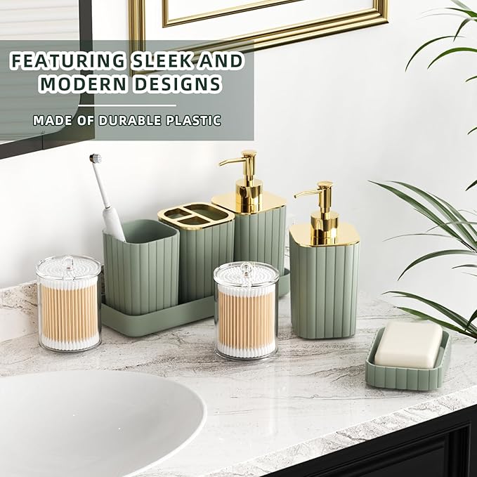 Bathroom Accessories Set - 25PC Sage Green Bathroom Set, Bathroom Set with Shower Curtain and Rugs, Sage Green Shower Curtain Set, Bathroom Accessory Set, Trash Can & Soap Dispenser