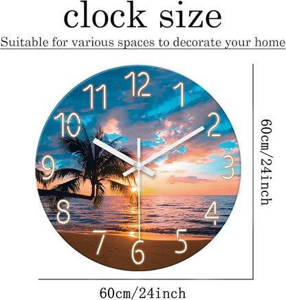 XFM Large Beach Wall Clock 24 Inch Palm Tree Silent Wall Clocks Battery Operated Sunset Glass Coastal Wall Clock for Living Room Bedroom Kitchen Office