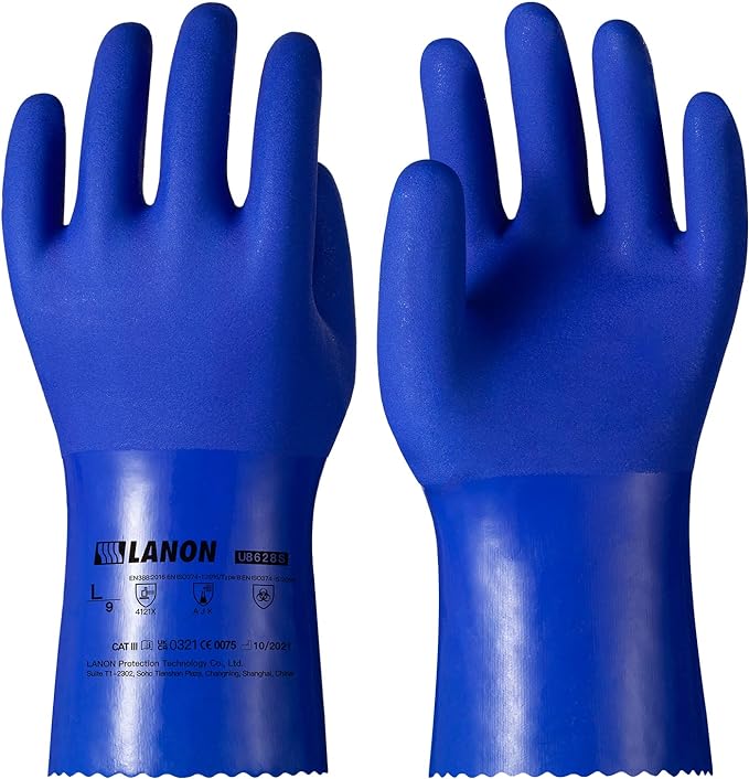 LANON PVC Chemical Resistant Gloves, Heavy-Duty Rubber Gloves, Acid, Alkali and Oil Protection, Non-Slip, Blue, XXL