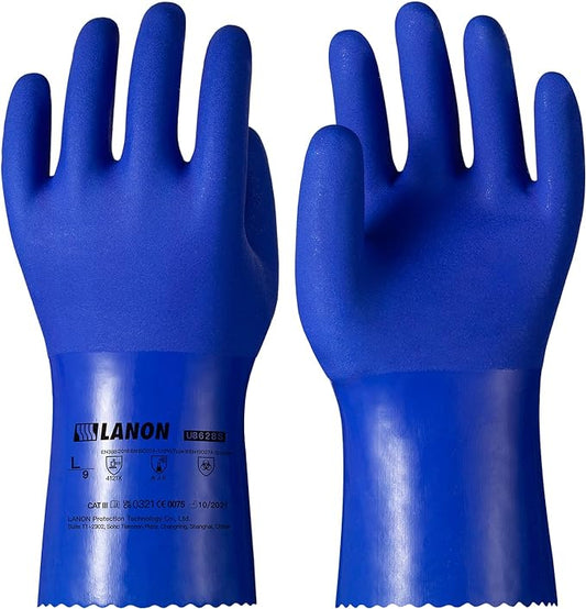LANON PVC Chemical Resistant Gloves, Heavy-Duty Rubber Gloves, Acid, Alkali and Oil Protection, Non-Slip, Blue, XXL