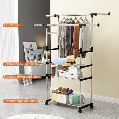 Double Rods Clothes Rack, Rolling Clothing Rack for Hanging Clothes, Portable Wardrobe Rack Max Load 77LBS, Sturdy Metal Garment Rack Coat Rack for Bedroom Laundry Living Room, Silver