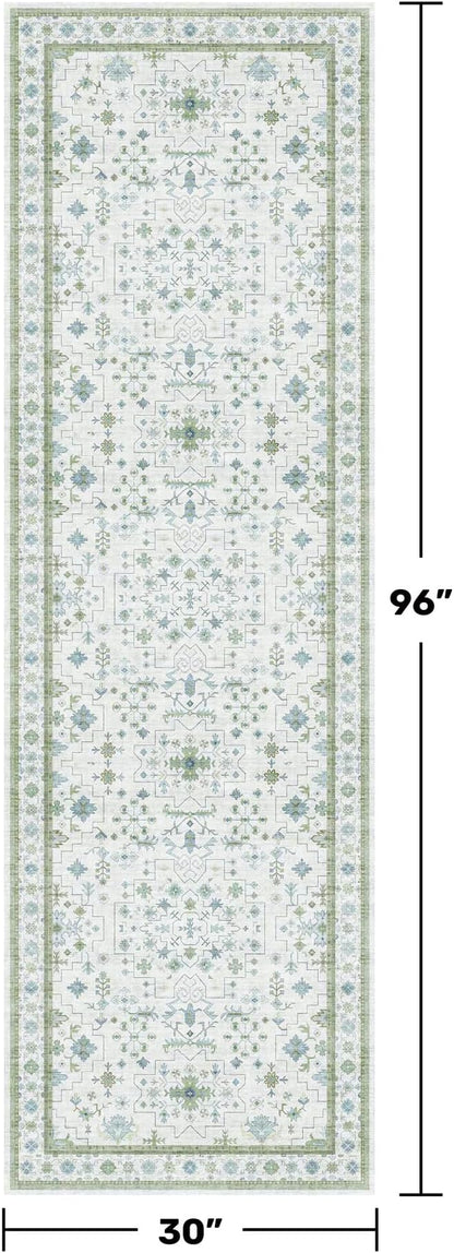 Oushak Wide Hallway Runner Rug 2'6"x8' - Vintage Turkish Floral, Washable Low Pile Non Slip Extra Long Runners for Kitchen, Hall Way - Cream Blue and Green