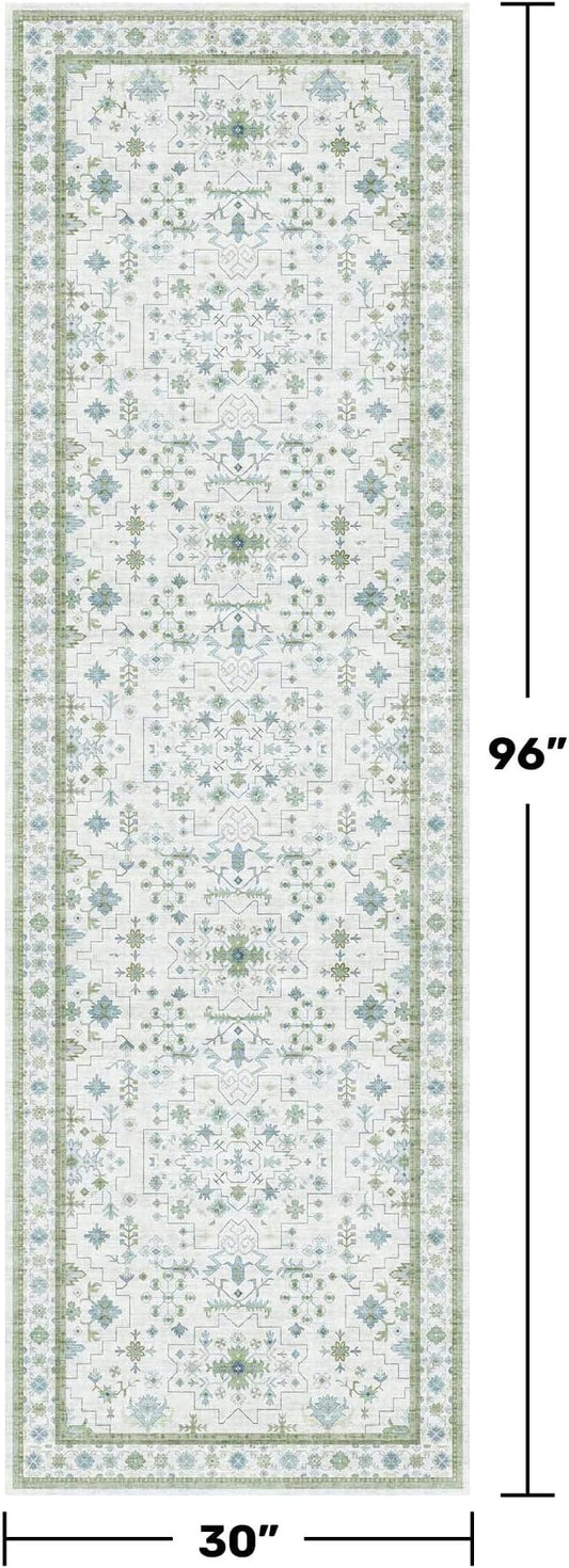 Oushak Wide Hallway Runner Rug 2'6"x8' - Vintage Turkish Floral, Washable Low Pile Non Slip Extra Long Runners for Kitchen, Hall Way - Cream Blue and Green
