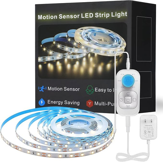 Motion Sensor Led Light Strip - Under Cabinet Lighting with Power Adapter, 6 Adjustable Brightness and Timing, Light Strips for Kitchen Cabinets, Stair, Showcase, Bedroom, 16.4ft 3000K WarmWhite
