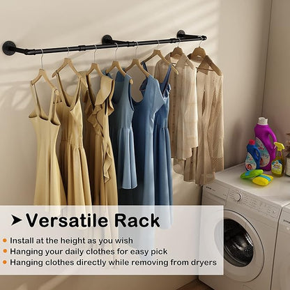 Wall Mounted Clothes Rack 72.5in, Industrial Pipe Clothing Racks Wall Mount, Heavy Duty Detachable Iron Garment Bar, Saving Space, Multi-Purpose Hanging Rod for Bedroom, Laundry Room, 2 Packs