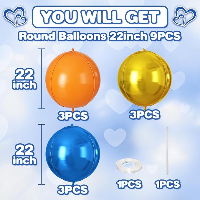 Orange Blue Gold Round Foil Balloons 9 pcs,Metallic Giant 4D Round Balloons 22 Inch for Kids Boys Birthday Party Decorations Baby Shower Graduation Party Supplies