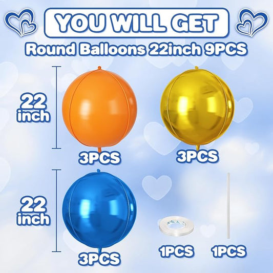 Orange Blue Gold Round Foil Balloons 9 pcs,Metallic Giant 4D Round Balloons 22 Inch for Kids Boys Birthday Party Decorations Baby Shower Graduation Party Supplies