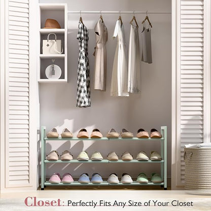 Bumusty 3-Tier Expandable Shoe Rack for Closet, 18“-33” Adjustable Shoe Rack for Small Space, Small Shoe Organizer for Front Door, Sturdy Metal, Green