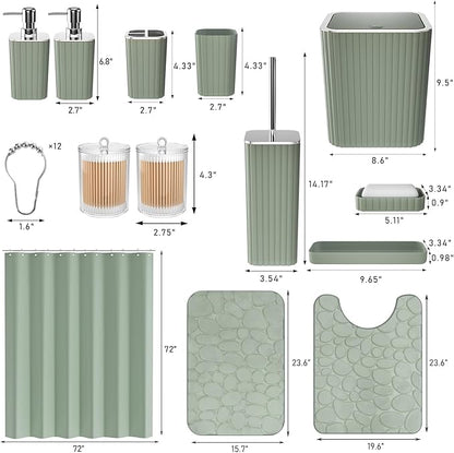 Bathroom Accessories Set - 25PC Sage Bathroom Set, Bathroom Set with Shower Curtain and Rugs, Sage Green Shower Curtain Set, Bathroom Accessory Set, Trash Can & Soap Dispenser