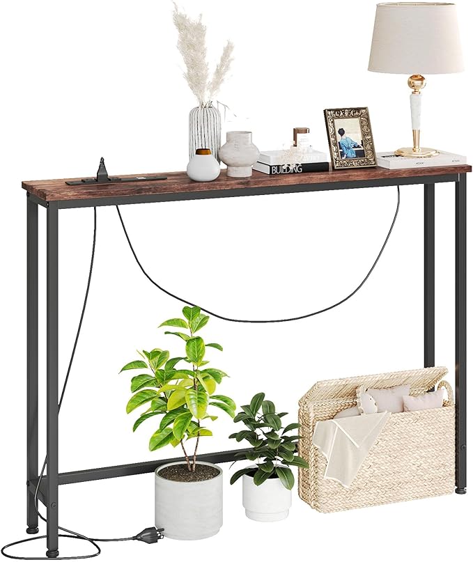 VERMESS Sofa Table with Power Outlets for Entryway, 39 inch Long Behind Couch Table with Metal Frame and 6.5’ Extension Cord for Hallway, Foyer, Living Room, Rustic Brown