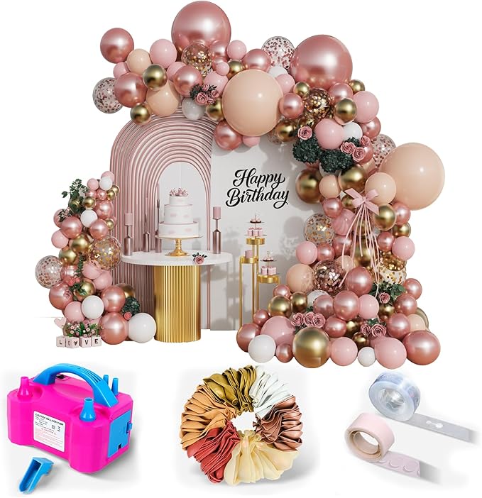 Rose Gold Balloon Garland Kit, 142Pcs Nude Pastel Pink Gold and Rose Gold Confetti Balloon Arch Kit with Electric Pump for Wedding Bridal Shower Princess Party Girl Birthday Baby Shower Decorations