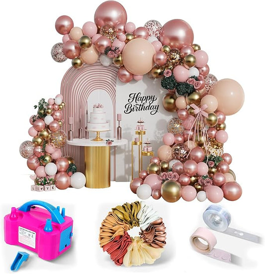 Rose Gold Balloon Garland Kit, 142Pcs Nude Pastel Pink Gold and Rose Gold Confetti Balloon Arch Kit with Electric Pump for Wedding Bridal Shower Princess Party Girl Birthday Baby Shower Decorations