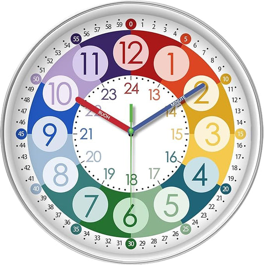 XFM Teaching Clocks Kids Colorful Small Wall Clock Battery Operated 10 Inch Silent Wall Clock Bedroom Analog Clock Teach Kids How Tell Time