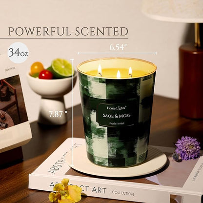 HomeLights Scented Candles | Large Jar 34 Oz Natural Soy Candle | 130 hrs Long-Lasting with 3 Wicks | Scandinavian Minimalist Design Home Decor | Gifts for Mom & Women, Sage & Moss