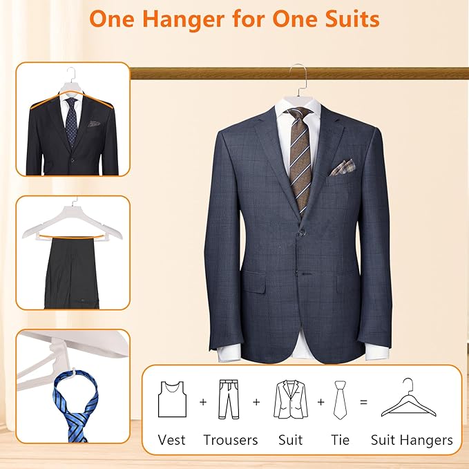 DEDU Suit Hangers for Men 15 Pack Width 17.7", Ivory White Coat Hangers no Shoulder Bump Non Slip for Thick Sweaters, Plastic Extra Wide Shoulder with Pants Bar & Metal Hook