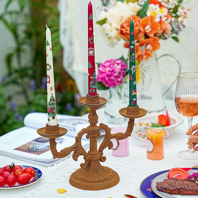 Sungmor Vintage 3-Arm Cast Iron Candelabra, 9.2" Tall Heavy-Duty Rustic Candle Holder for Home Decor, Decorative Candle Stand Centerpiece for Dinners/Weddings/Halloween/Christmas etc Festivals