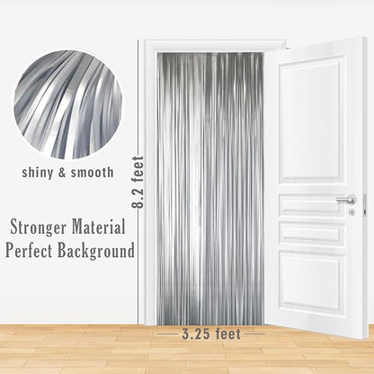 GOER 3.2 ft x 8.2 ft Metallic Tinsel Foil Fringe Curtains Party Photo Backdrop Party Streamers for Birthday,Graduation,New Year Eve Decorations Wedding Decor (5 Pcs,Matte Silver,Thick Material)