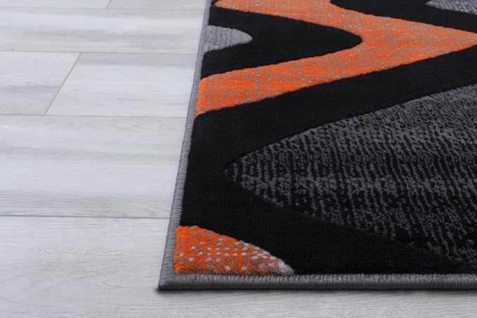 Allstar 8x10 Grey and Gainsboro Grey Modern and Contemporary Rectangular Accent Rug with Orange and Charcoal Grey Wavy Zigzag Design (7' 9" x 9' 8")