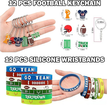 122 Pcs Football Party Favors Drawstring Bags Football Goodie Bag with Mini Ball, Wristband, Slap bracelets, Keychains, Stickers,Tattoo Stickers for Football Themed Party Supplies