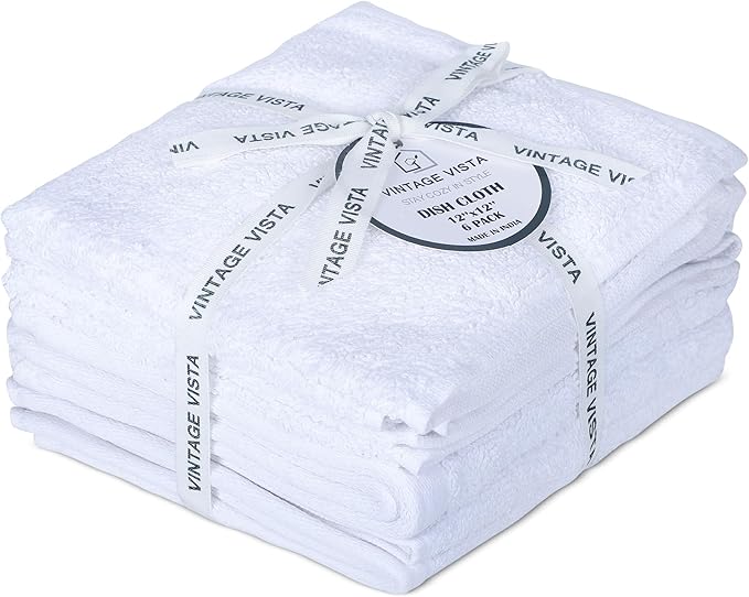 Vintage Vista 100% Cotton Dish Cloths (Pack of 6) - Dish Rags for Washing Dishes - Reusable & Highly Absorbent Kitchen Towels - Kitchen Rags for Christmas - (12" x 12" - White II)