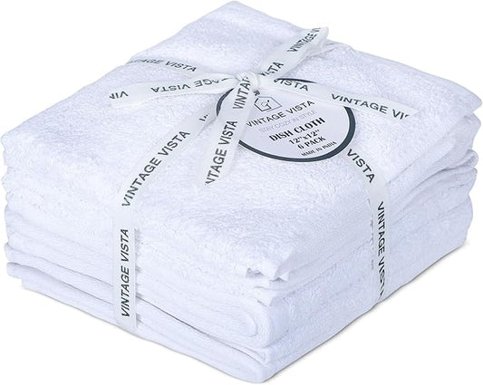 Vintage Vista 100% Cotton Dish Cloths (Pack of 6) - Dish Rags for Washing Dishes - Reusable & Highly Absorbent Kitchen Towels - Kitchen Rags for Christmas - (12" x 12" - White II)