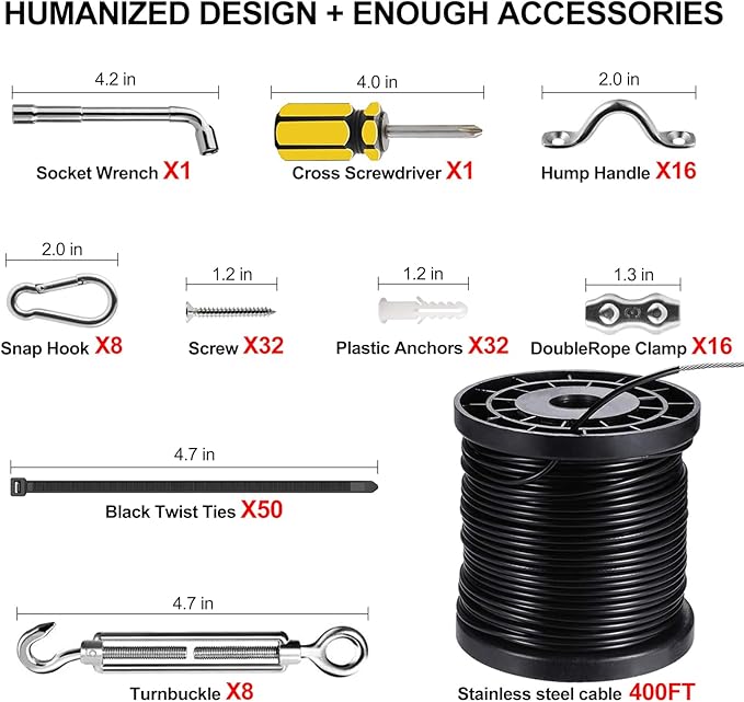 BLIKA String Light Hanging Kits, 400FT Coated Stainless Steel 304 Wire Rope, Outdoor Light Guide Wire, Globe String Light Suspension Kit Included Turnbuckles, Enough Accessories, Use Manual