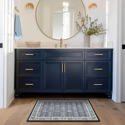 Dark Blue Entry Rugs Indoor, 2x3 Small Door Rugs for Entryway/Kitchen/Bathroom, Washable Non Slip Low Pile Thin Door Mat Indoor Entrance, Boho Floral Moroccan Trellis Printed Transitional Style