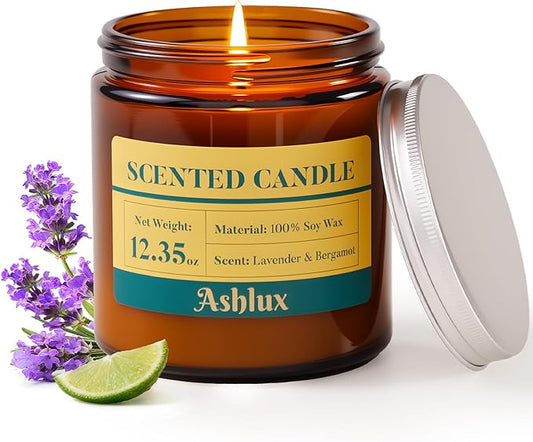 Lavender and Bergamot Candle,12.35oz Scented Candles with 8% Essential Oils,70 Hour Burn Time Soy Wax Candles for Home Decor,Reading,Jar Candle Gifts for Women and Men