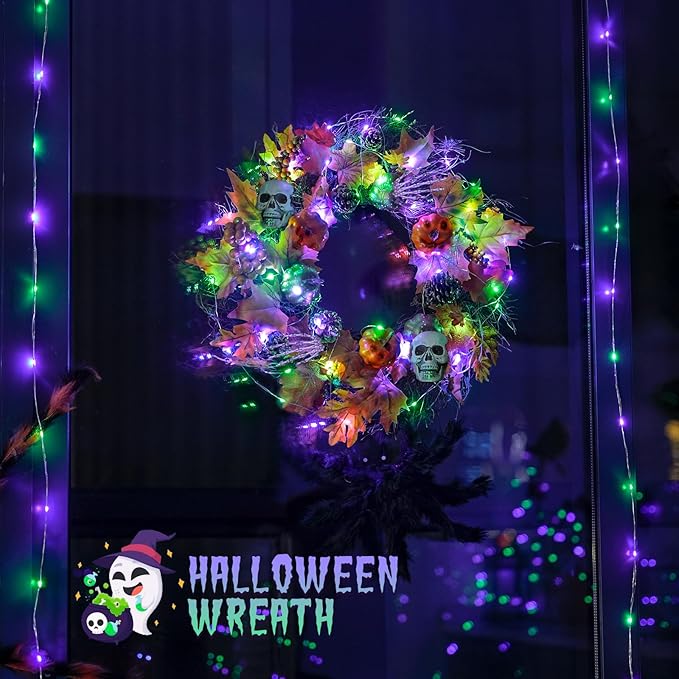 JMEXSUSS Halloween Lights Battery Operated, 2 Pack 100 LED 33ft Halloween Fairy Lights with Remote, 8 Modes Twinkle String Light for Fireplace Porch Tree Centerpiece Wreath Decor, Purple and Green