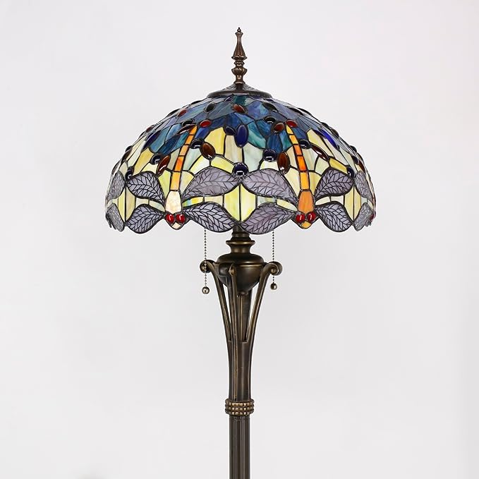 Tiffany Floor Lamp Blue Yellow Stained Glass Dragonfly Standing Reading Light 16X16X70 Inches Antique Pole Corner Lamp Decor Bedroom Office Living Room