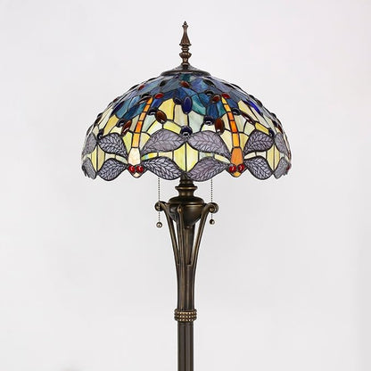 Tiffany Floor Lamp Blue Yellow Stained Glass Dragonfly Standing Reading Light 16X16X70 Inches Antique Pole Corner Lamp Decor Bedroom Office Living Room