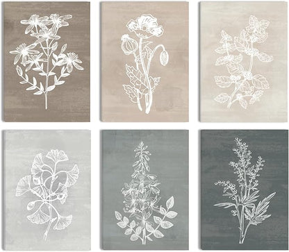 BINCUE Neutral Botanical Plant Canvas 6 Pieces Rustic Farmhouse Wall Art for Living Room Bedroom and Bathroom,Canvas Paintings Print Set Decor 12"x 16"