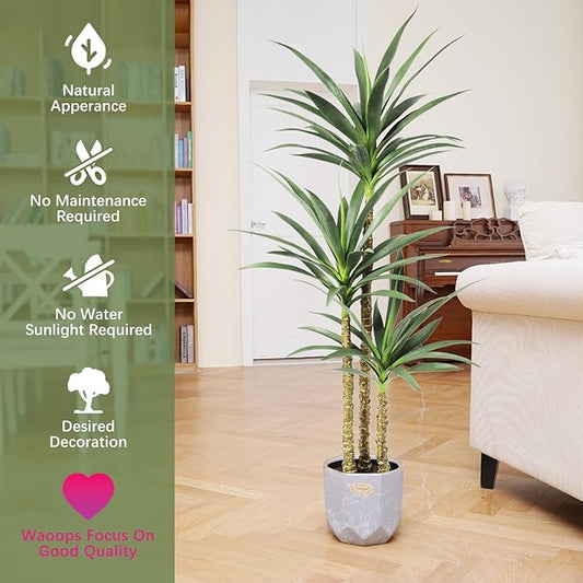 Artificial Tree 5.3Ft Faux Agave Plant with 3 Heads in Plastic Pot Fake Tree for Home Decor Indoor or Outdoor Office Decoration Housewarming Gift
