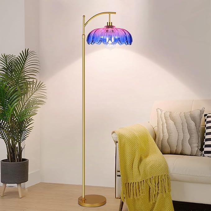 Floor Lamp for Living Room,Bedroom,Gold Dimmable Standing Lamp with Remote,Mid Century Modern Brass Tall Lamp Retro Vintage Glass Lamp Floor Light Boho Bohemian