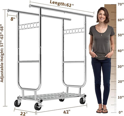 Clothes Rack Heavy Duty 620LBS For Hanging Clothes, Commercial Garment Rack Heavy Duty,Collapsible ＆ Portable Clothes Rack with Wheels,Rolling Clothing Racks Metal Clothing Rack (CR-H)