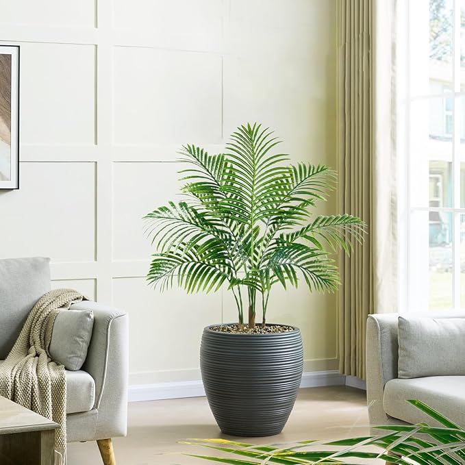 2 Pack Artificial Palm Tree 3FT Artificial Plants Indoor Tropical Fake Palm Tree Areca Floor Plant in Black Pot with 9 Trunks & Real Bark Design, Faux Palm Plant for Outdoor Patio Home Office Decor