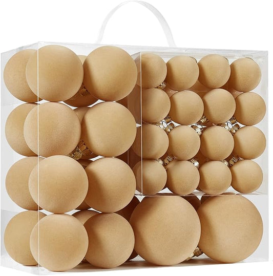 Velvet Christmas Ball Ornaments Set-46pcs Flocked Shatterproof Christmas Tree Decorations Plastic Xmas Decorative Hanging Ornaments for Xmas Holiday Home Decor,3 Sizes(Light Khaki)