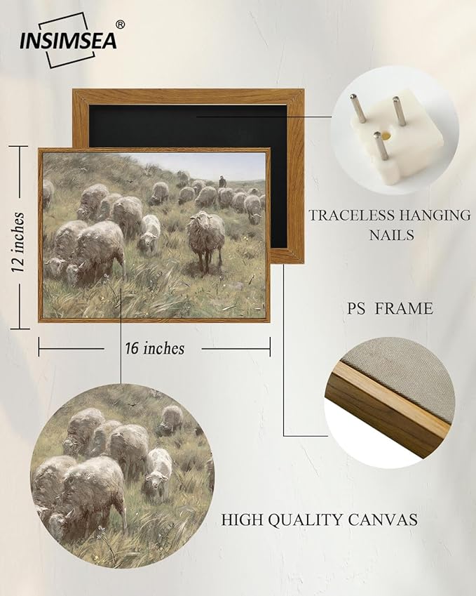 InSimSea Framed Canvas Wall Art Vintage Decor, Sheep on the Dunes Wall Pictures Farmhouse Decor Wall Art, Large Wall Art Living Room Decoration, Bathroom Bedroom Office, 12"x16"