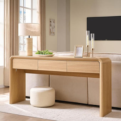 63'' Console Table with 3 Drawers, Modern Entryway Table with Curved Profile Design, Narrow Long Wood Sofa Table Behind Couch Table for Living Room, Hallway, Foyer, Natural