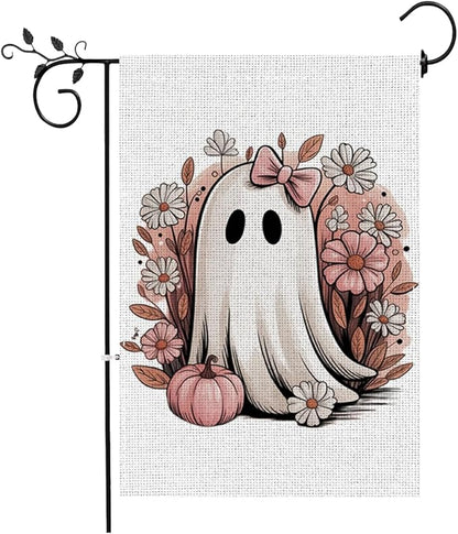 Fokongna Pink Halloween Decor Garden Flag, Pink Halloween Ghost Decor, 12x18 Inch Burlap Vertical Double Sided Flags, for Home Yard Outside Decorations