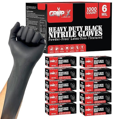 Heavy Duty 6 Mil Black Nitrile Gloves - Disposable, Latex & Powder Free | Mechanic, Food Prep & Tattoo | Rubber Gloves for Cooking, Cleaning & Household |Bulk Case of (1000)