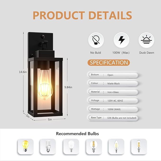 Motion Sensor Dawn to Dusk Outdoor Sensor Light Fixture Anti-Rust Exterior Wall Lighting Waterproof Outdoor Wall Lantern for Porch Patio Front Door Garage - 2 Pack