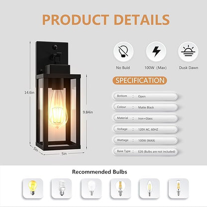Motion Sensor Dawn to Dusk Outdoor Sensor Light Fixture Anti-Rust Exterior Wall Lighting Waterproof Outdoor Wall Lantern for Porch Patio Front Door Garage - 2 Pack