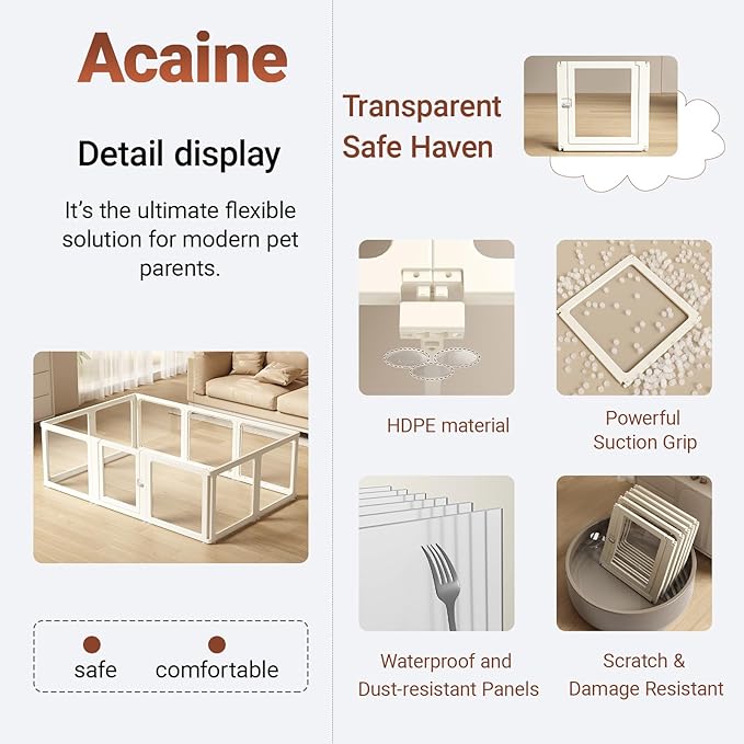 Transparent 10-Panel Dog Playpen, Acrylic Indoor/Outdoor Puppy Pen for Small & Medium Dogs, 24 Inch with Door, White(Fully Transparent 74 * 50 Single Room,24 inch)