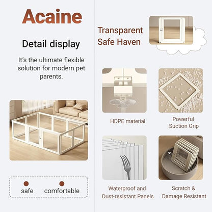 Transparent 10-Panel Dog Playpen, Acrylic Indoor/Outdoor Puppy Pen for Small & Medium Dogs, 24 Inch with Door, White(Fully Transparent 74 * 50 Single Room,24 inch)