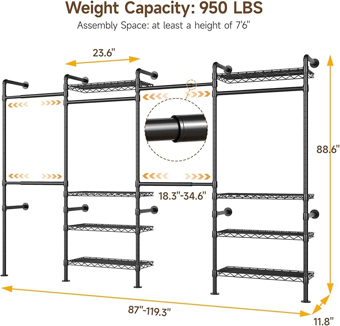 H4 Wall Mounted Closet System, Expandable Industrial Pipe Clothes Rack Clothing Rack for Hanging Clothes, Heavy Duty Closet Organizers and Storage in Wardrobe Closet
